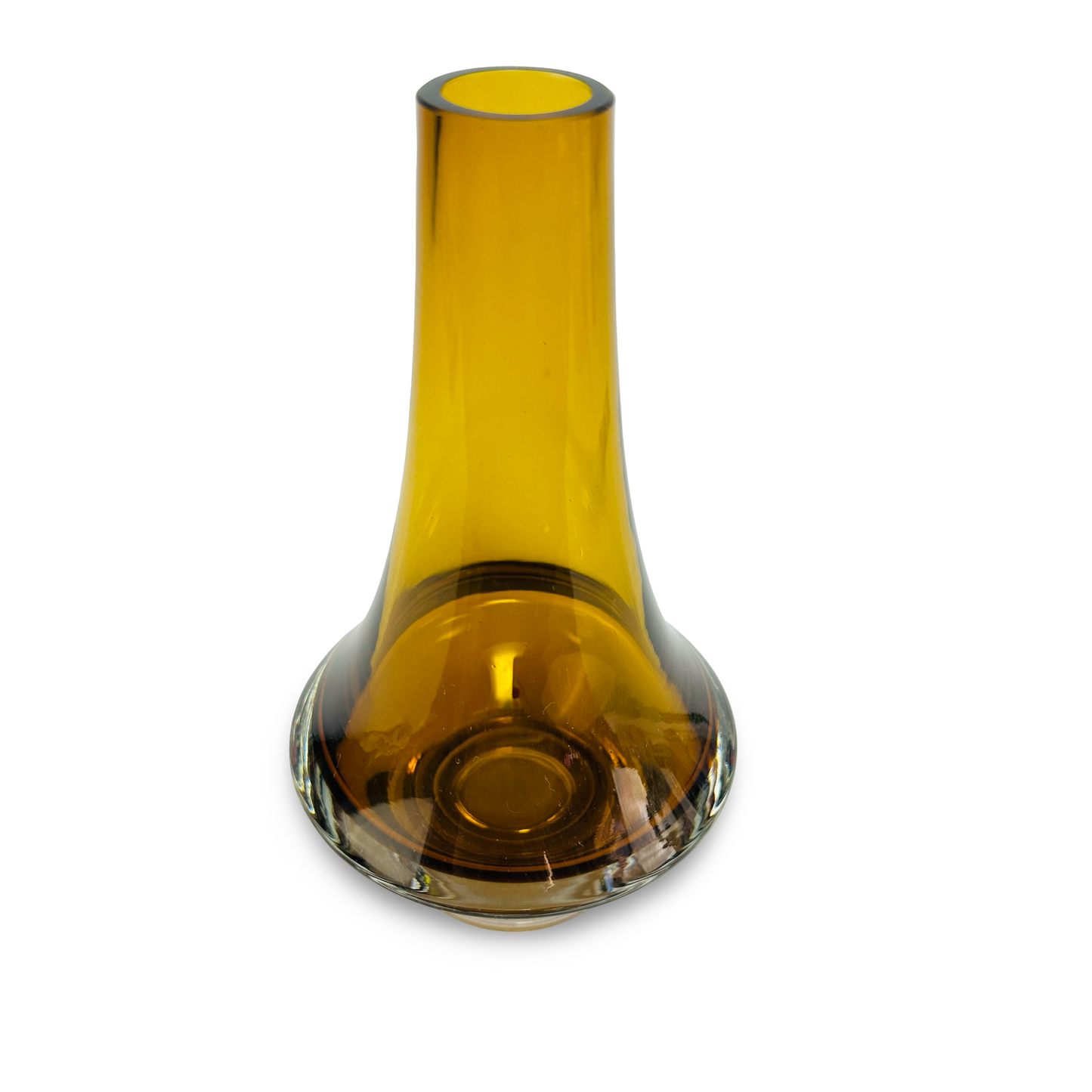 Riihimäki 1379 Rocket Vase bernsteinfarben mit Originaletikett und konischem Hals aus klarumrandetem Glas
