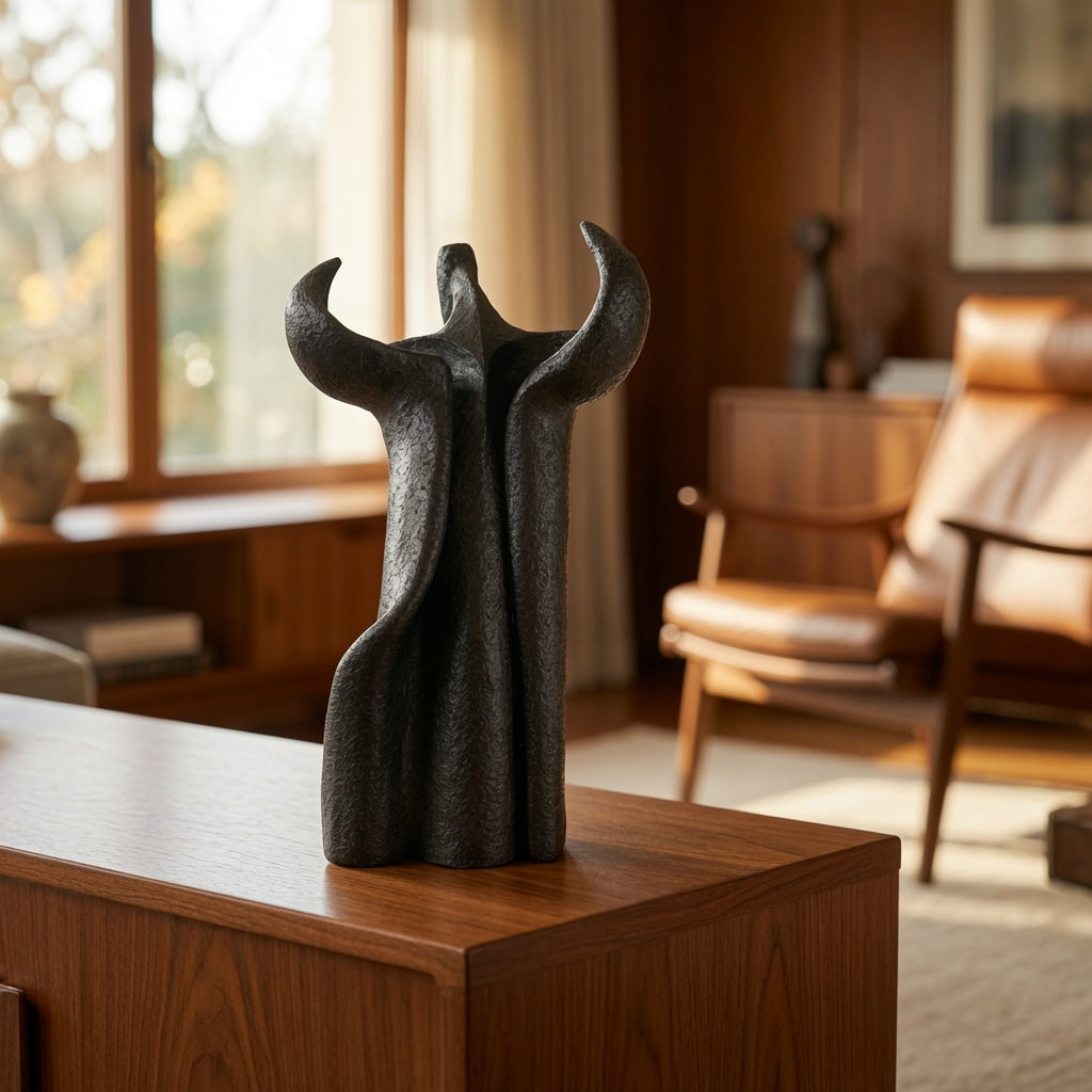 Stehende betende Statue aus bronzefarbener Studiokeramik der 1980er Jahre mit abstrakter Orantenhaltung und metallisch schimmernder Oberfläche