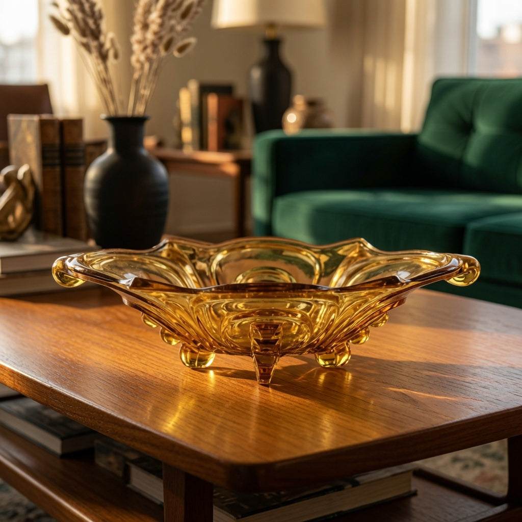 Art Deco Glasschale Irene aus bernsteingelbem Pressglas mit Volutenhenkeln von 1937