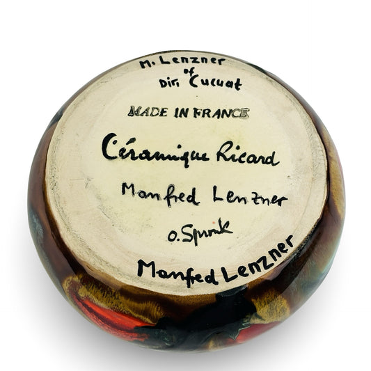 Unterseite mit handschriftlicher Marke Céramique Ricard, Signatur O. Spronk, Widmung Manfred Lenzner und Stempel Made in France