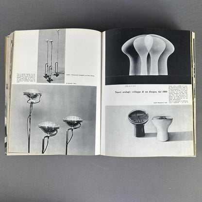 Aufgeschlagene Domus-Zeitschrift von 1963 mit Abbildungen italienischer Leuchten und Sitzmöbel