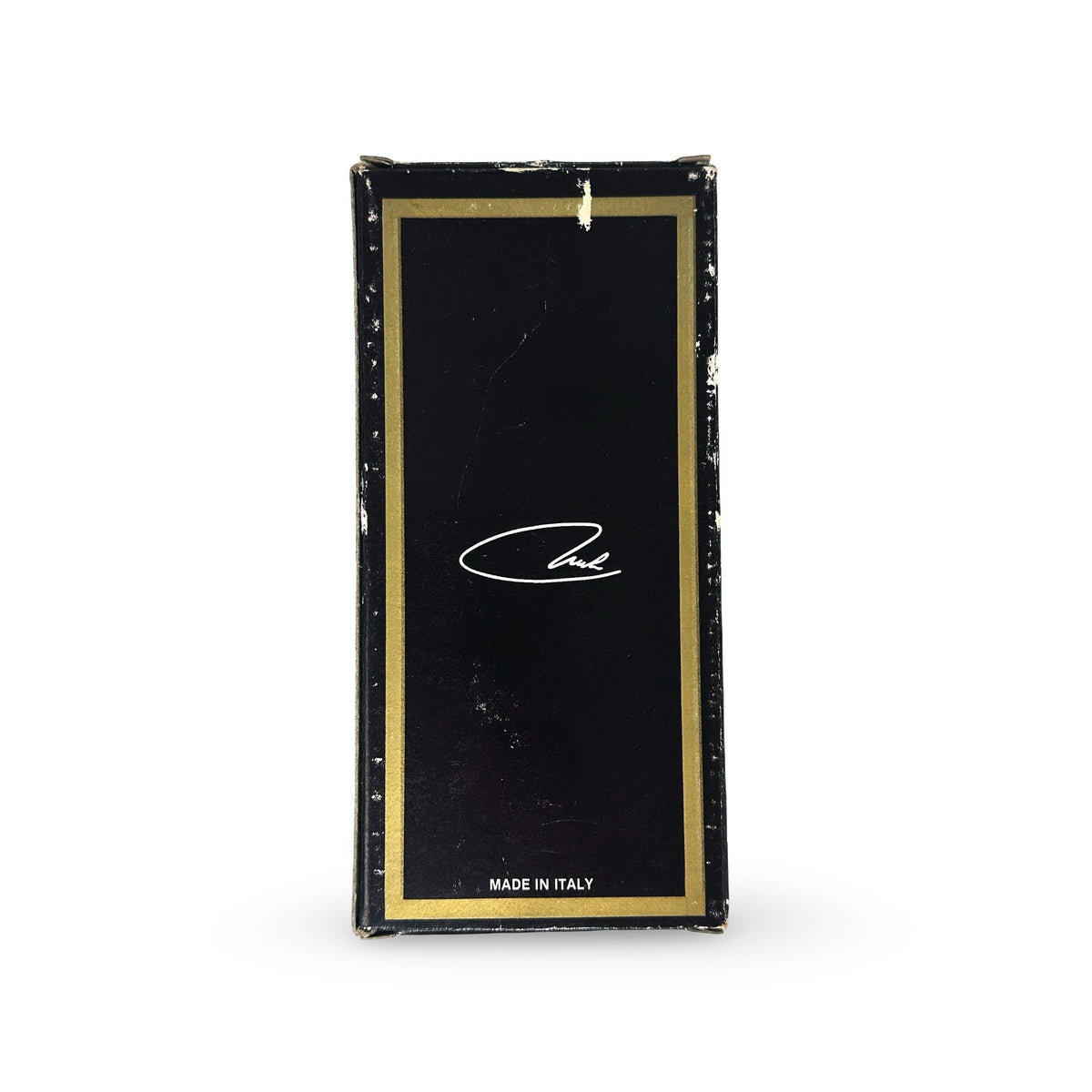 Boîte d’origine du décapsuleur, noire à cadre doré, logo calligraphié Carl et mention Made in Italy