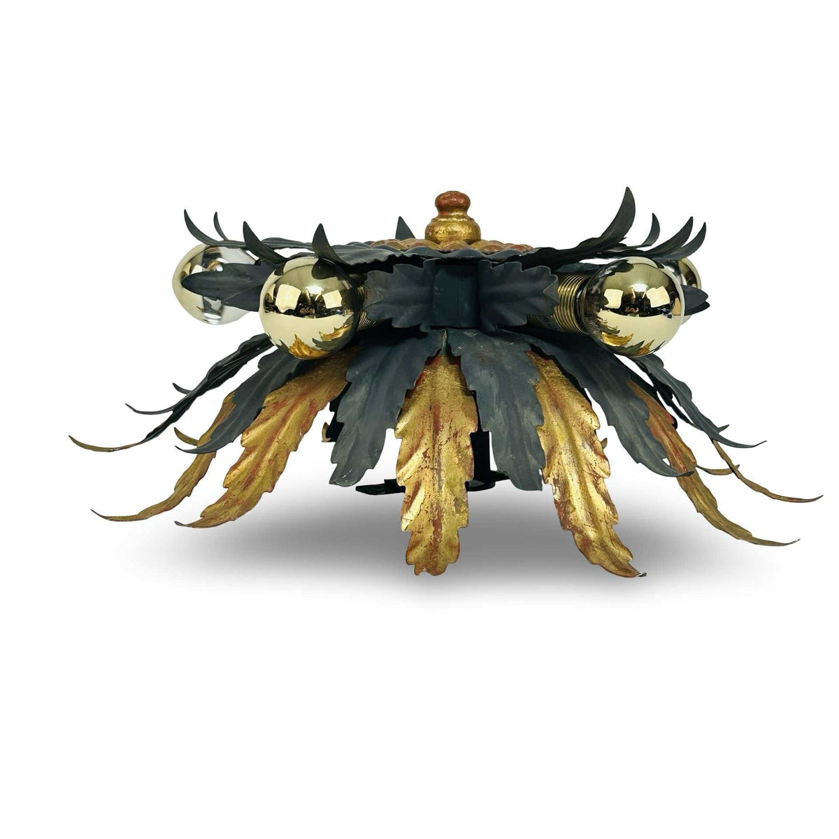 Seitenprofil der Florentiner Deckenleuchte, flache Bauhöhe von 15 cm, Blattwerk Grün und Gold