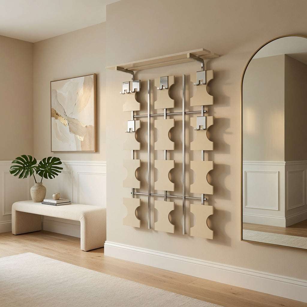 Modulare 70er Space Age Wandgarderobe aus Aluminium und weiß lackiertem Holz mit cremefarbenen Haken und Hutablage