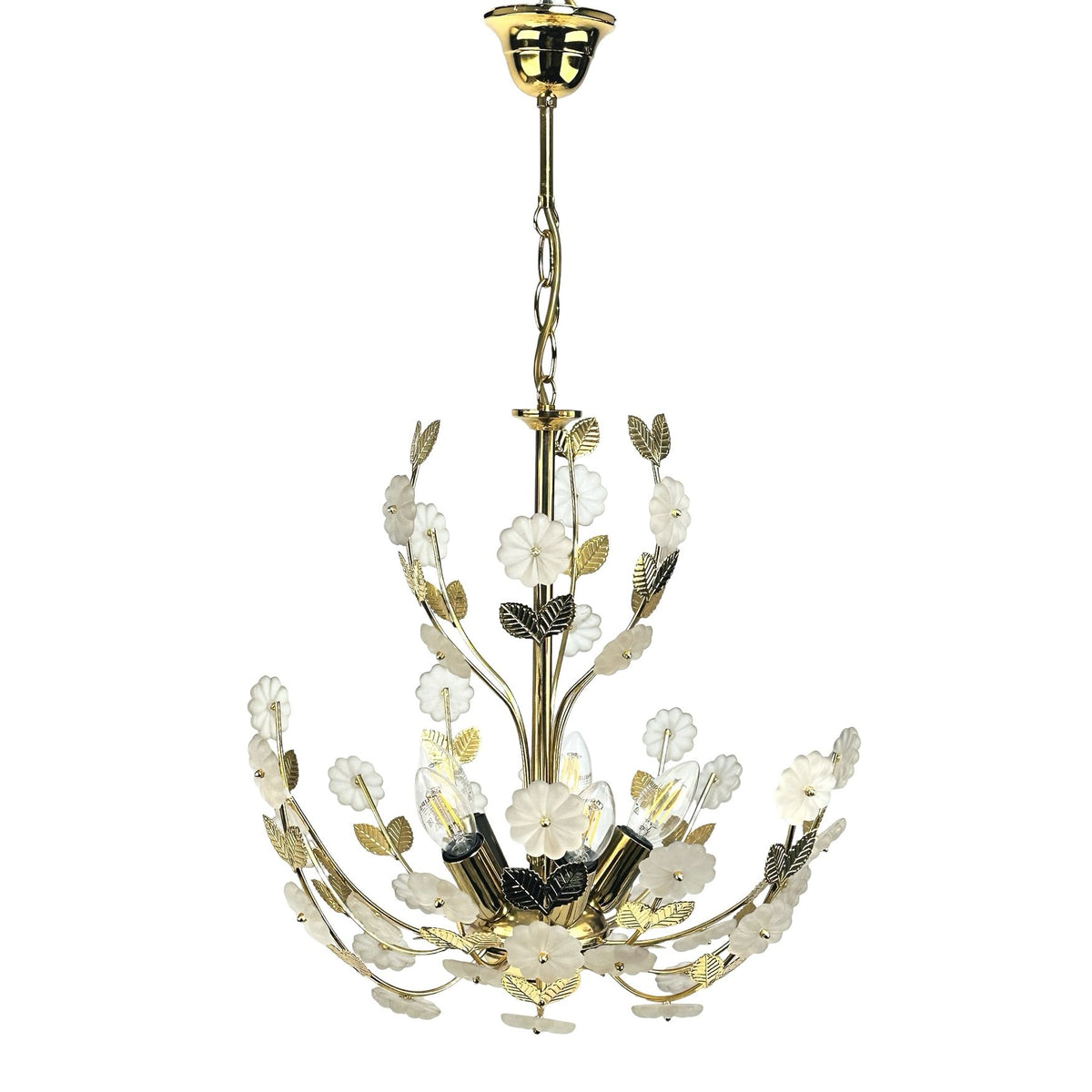 Lustre Hollywood Regency Ideal Lux en laiton avec fleurs en verre satiné, vue d’ensemble avec chaîne et pavillon