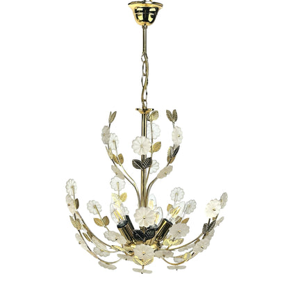 Lustre Hollywood Regency Ideal Lux en laiton avec fleurs en verre satiné, vue d’ensemble avec chaîne et pavillon