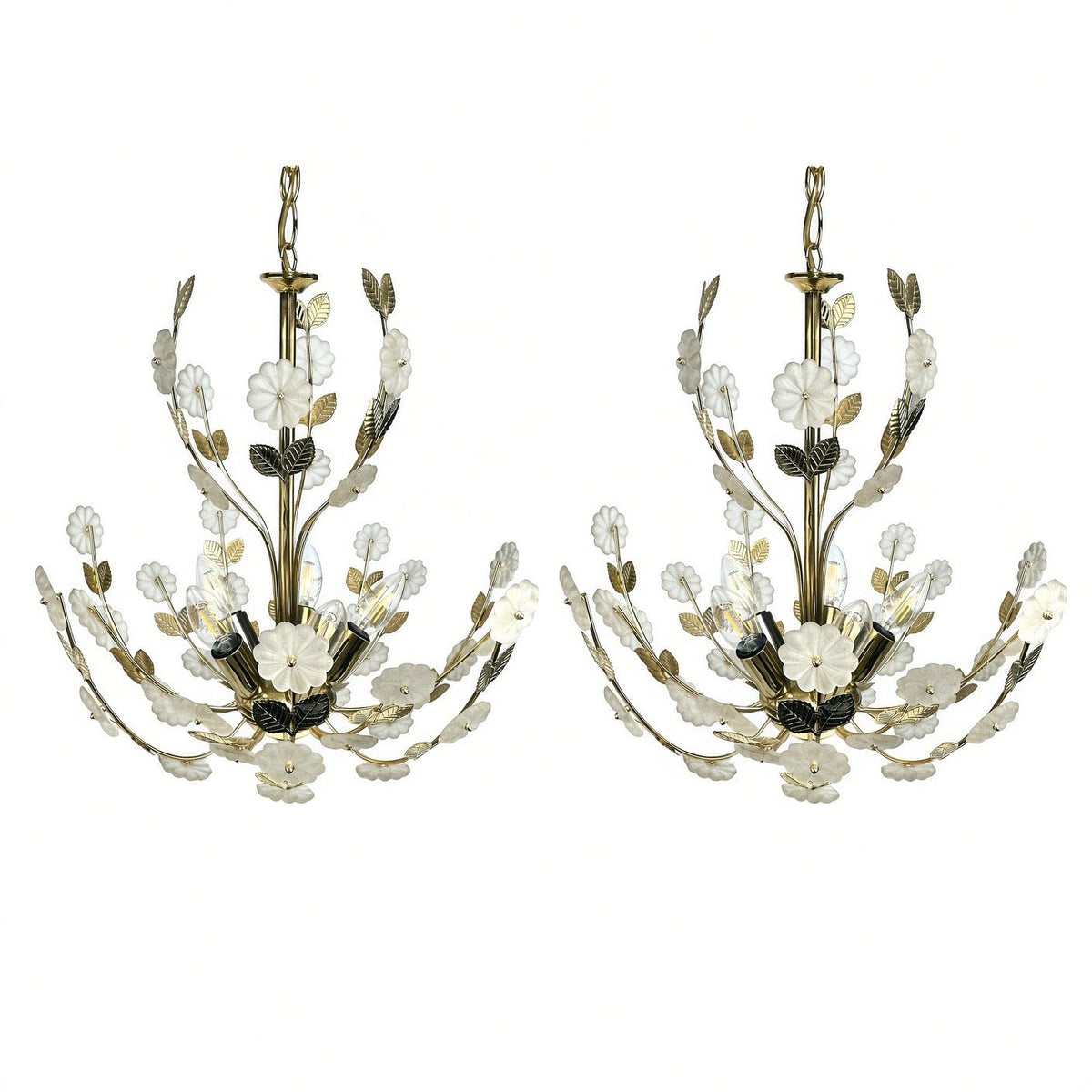 Deux lustres Ideal Lux en laiton avec fleurs en verre côte à côte, deux exemplaires disponibles