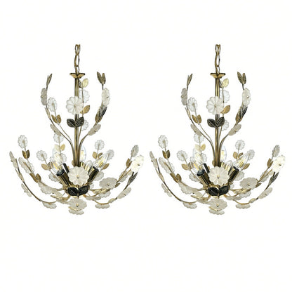 Deux lustres Ideal Lux en laiton avec fleurs en verre côte à côte, deux exemplaires disponibles