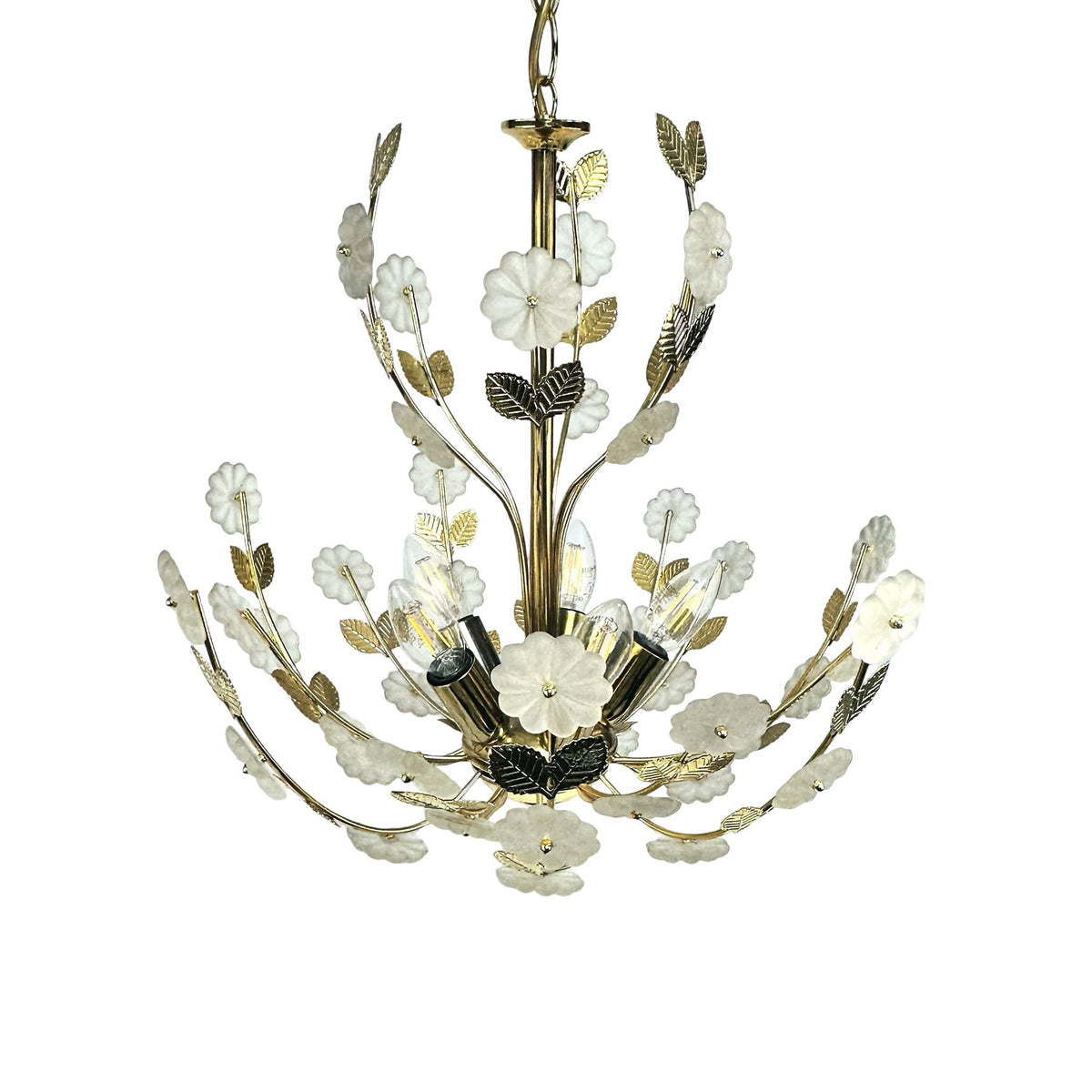 Lustre Ideal Lux, vue de face avec bouquet de tiges en laiton, fleurs en verre et cinq douilles bougie