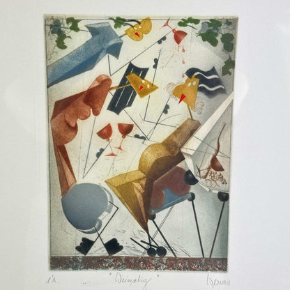 Detailansicht der Farbradierung Weinselig mit farbigen geometrischen Formen und Figuren