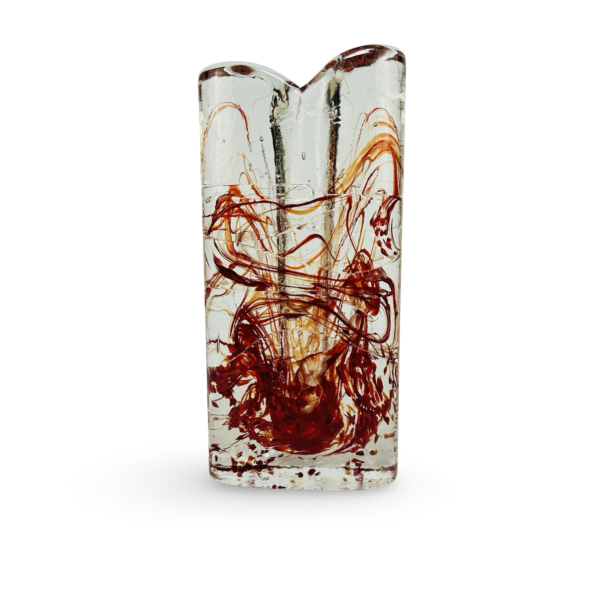 Marsberger Eisblock Vase, Rückseite mit roten, orangefarbenen und braunen Glasfäden