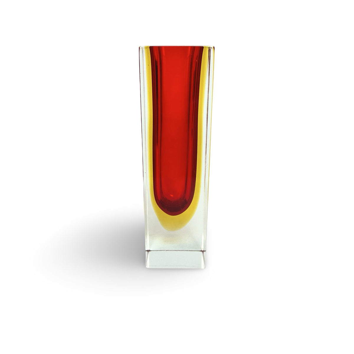 Vase en verre de Murano Mid-Century, autre vue latérale avec liseré jaune le long du cœur rouge