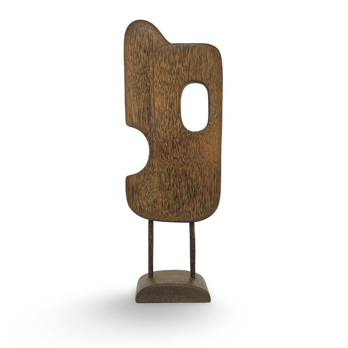 Mid-Century abstrakte Holzskulptur aus Wenge auf Sockel – Frontalansicht, freigestellt