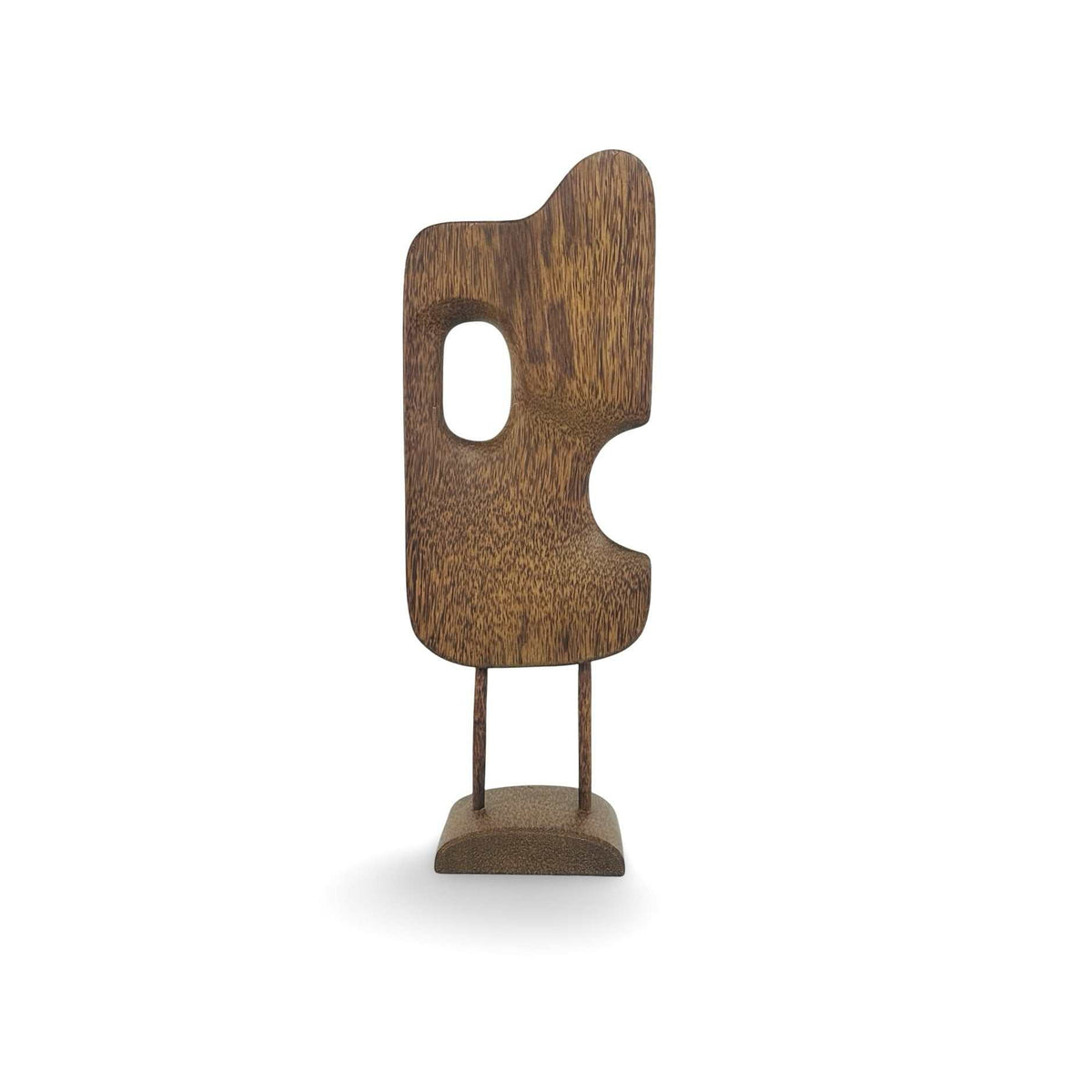 Rückansicht der organisch geformten Wenge-Skulptur auf zwei Rundstäben