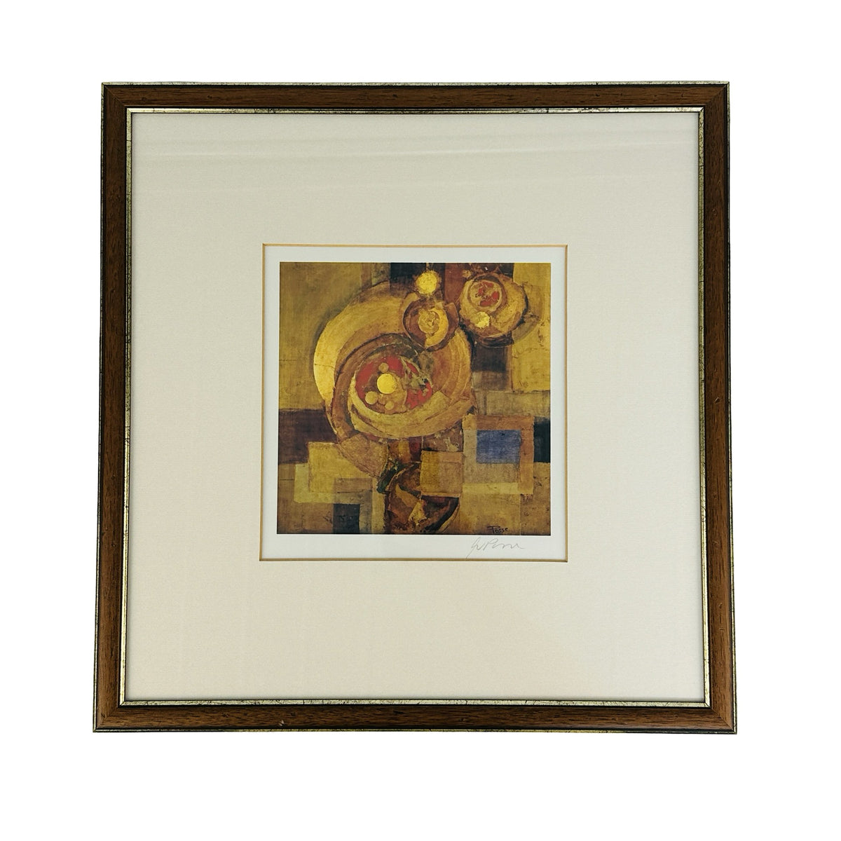 Handsignierter Kunstdruck von Wolfgang Posse mit abstraktem Stillleben in Gold, Rot und Blau, gerahmt mit Passepartout