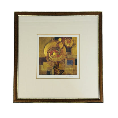 Handsignierter Kunstdruck von Wolfgang Posse mit abstraktem Stillleben in Gold, Rot und Blau, gerahmt mit Passepartout