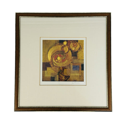 Handsignierter Kunstdruck von Wolfgang Posse mit abstraktem Stillleben in Gold, Rot und Blau, gerahmt mit Passepartout