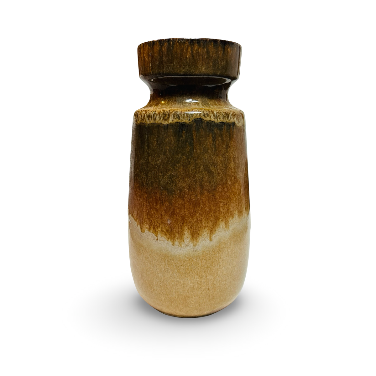 Vase en céramique Scheurich, vue de côté, dégradé du brun chocolat à l’ocre puis au beige, Allemagne de l’Ouest