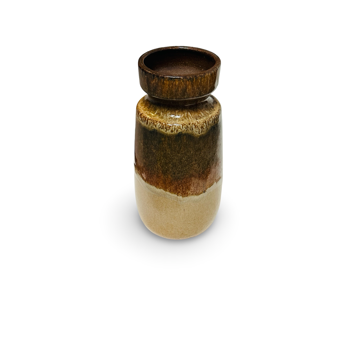 Vase 242-22 du milieu du siècle, vu de dessus en biais, avec un col en forme de bague et des coulures d’émail brun rougeâtre
