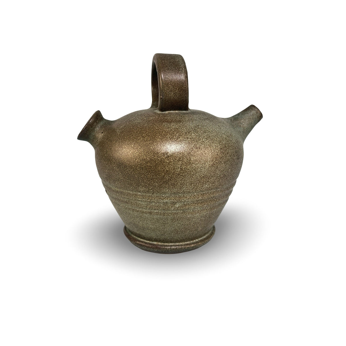 Vintage gargoulette from Vallauris, ceramic water jug with ring handle and two spouts, speckled bronze and olive glaze, front view, cut out