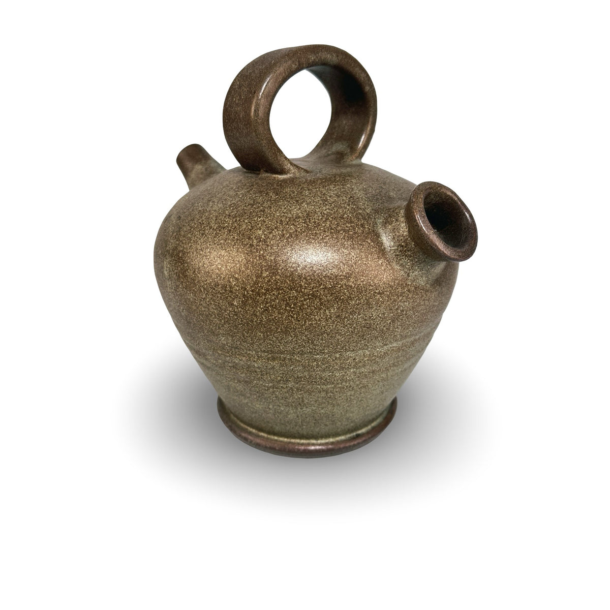 Slightly elevated view of the Vallauris gargoulette with broad ring handle and rolled-rim filling opening