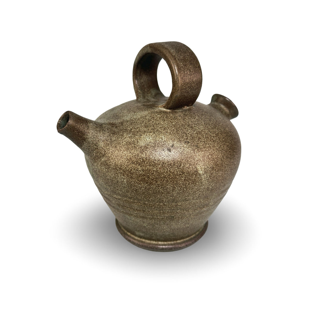 Vallauris ceramic jug, view with slender drinking spout and speckled bronze glaze