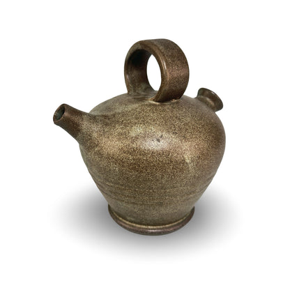 Vallauris ceramic jug, view with slender drinking spout and speckled bronze glaze