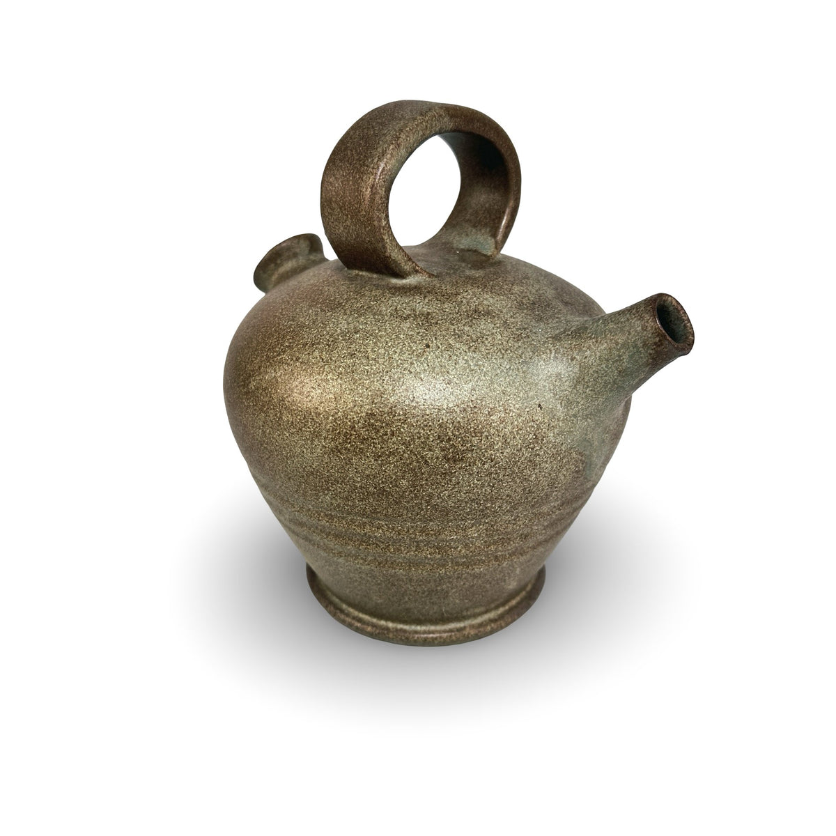 Gargoulette from Vallauris, angled view with ring handle and spout, satin-matte speckled glaze