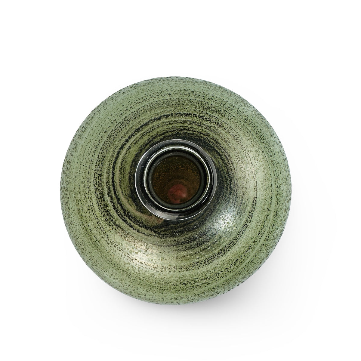 Studioglas Vase in Grün, Draufsicht in die Öffnung mit konzentrischen Spirallinien
