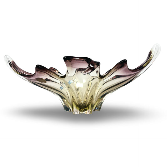 Murano Sommerso-Centerpiece, Rückansicht mit gelbgrünem Kern und violetten Rändern