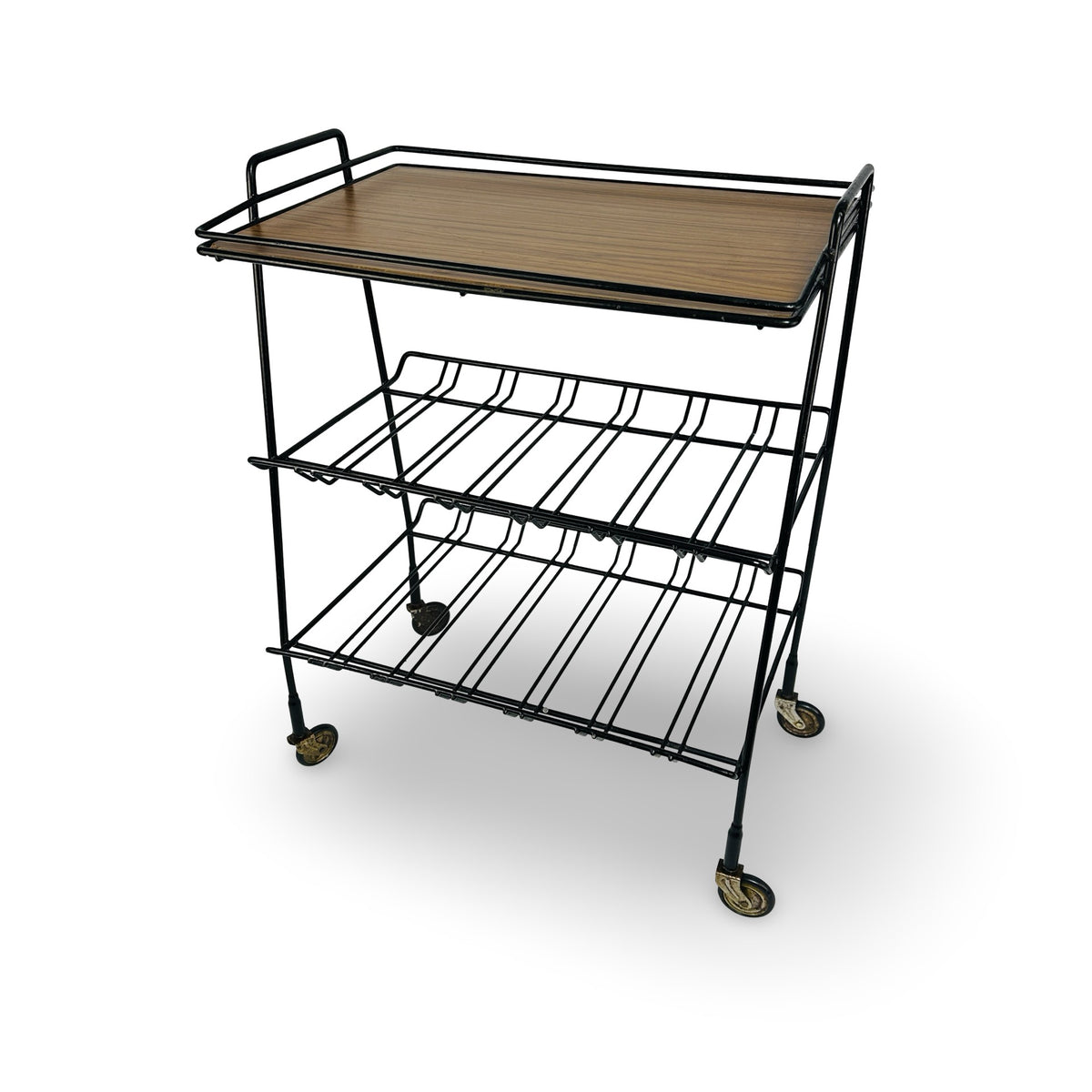 Mid-century wire serving trolley with removable wood-look tray, view from the left