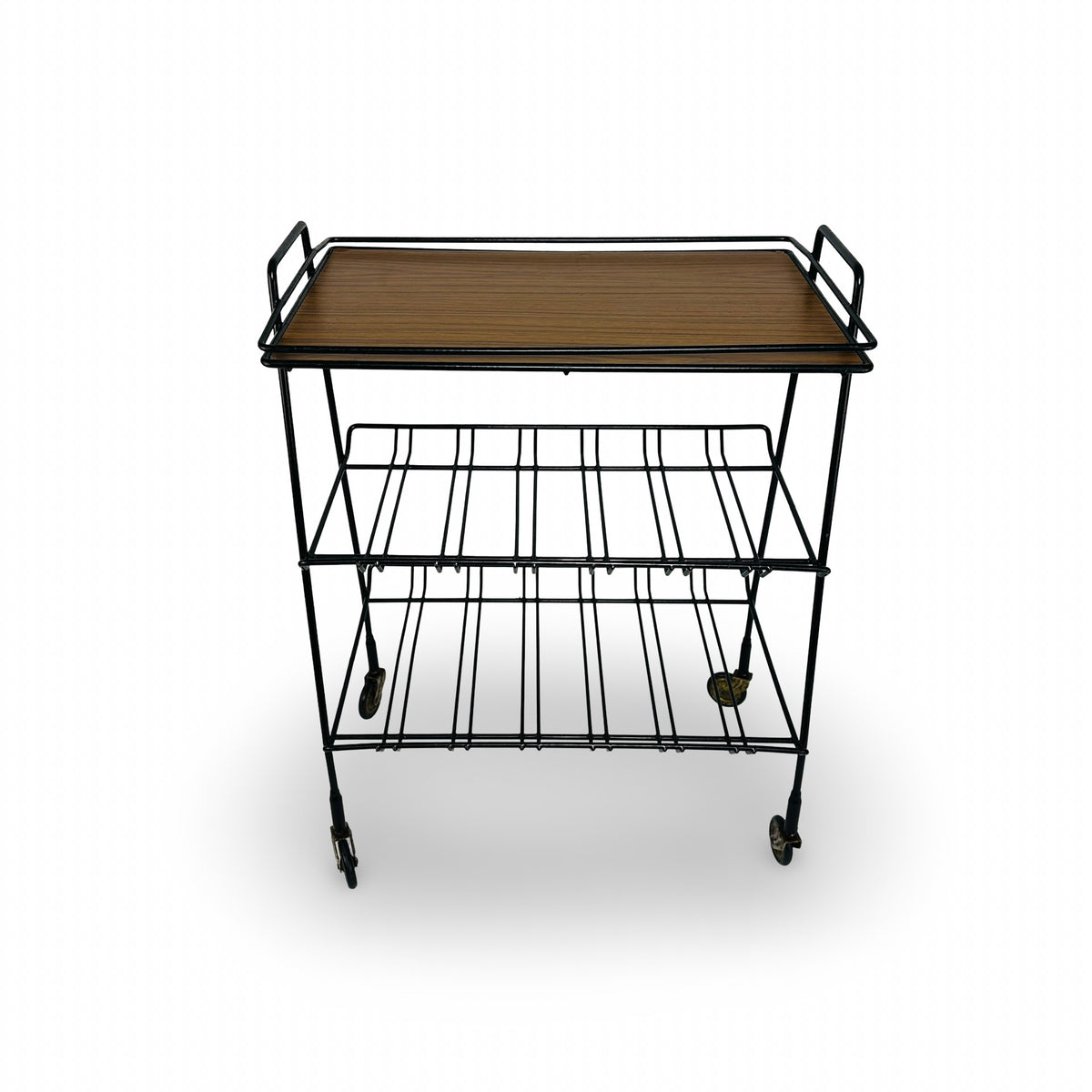 Front view of the black wire trolley with handles on both sides and four swivel castors