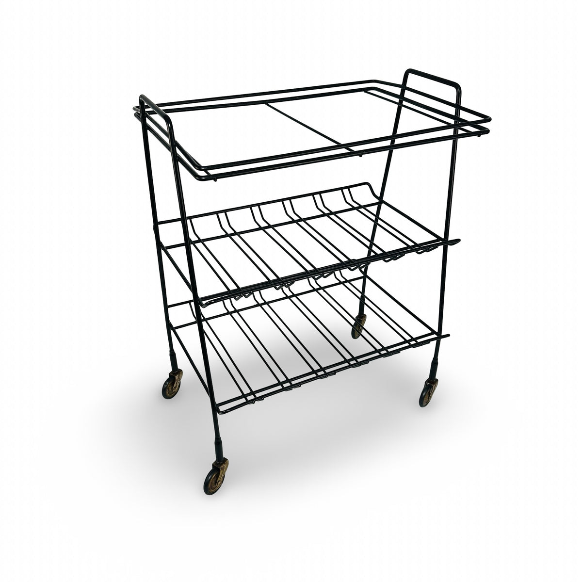 Wire frame of the serving trolley with the tray removed, angled view