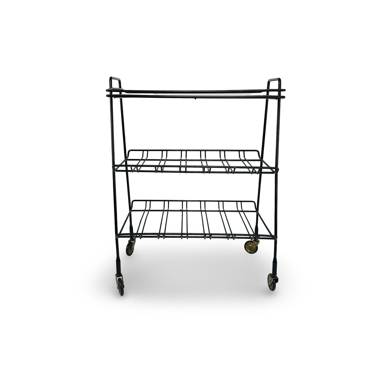 Front view of the black wire frame without tray, with two racks and brass castors