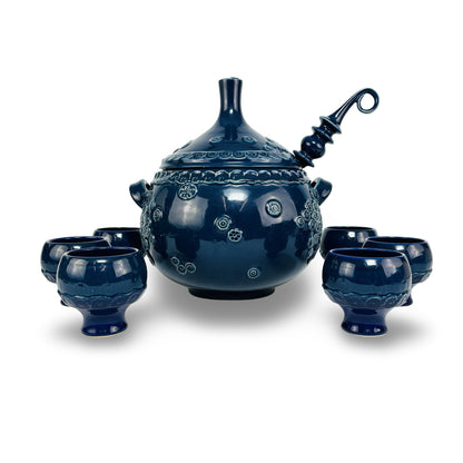 Björn Wiinblad Bowle-Set für Rosenthal studio-linie in Blau, Bowleschüssel mit Kelle und sechs Bechern