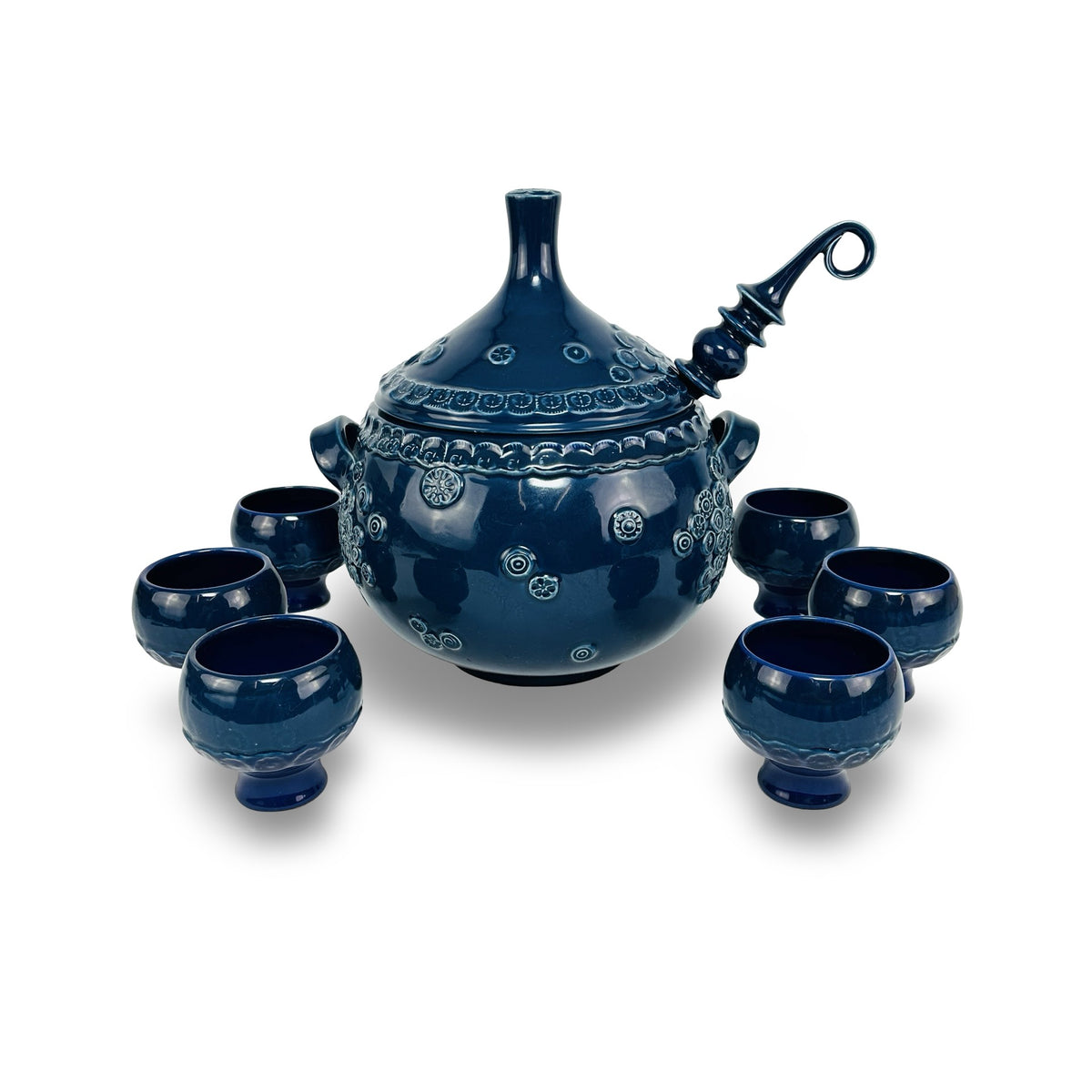 Blaues Wiinblad Bowle-Set in Frontansicht, Schüssel mit Deckel, Kelle und sechs Fußbechern