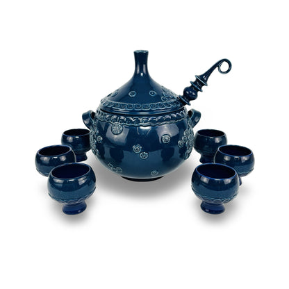 Blaues Wiinblad Bowle-Set in Frontansicht, Schüssel mit Deckel, Kelle und sechs Fußbechern