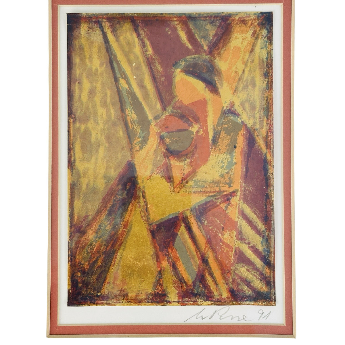 Nahaufnahme der Silberätzung von Wolfgang Posse mit kubistischer Figur in Ocker, Gold und Bordeaux, Bleistiftsignatur W. Posse 91