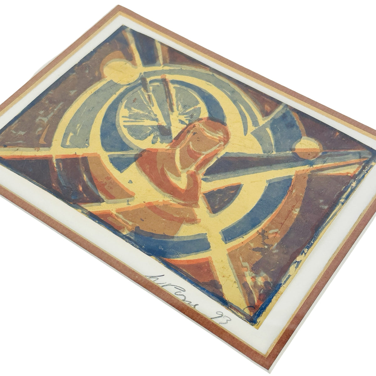 Detail der Silberätzung mit Figur, Strahlenscheibe und lasierenden Farben in Gold, Blau und Terrakotta