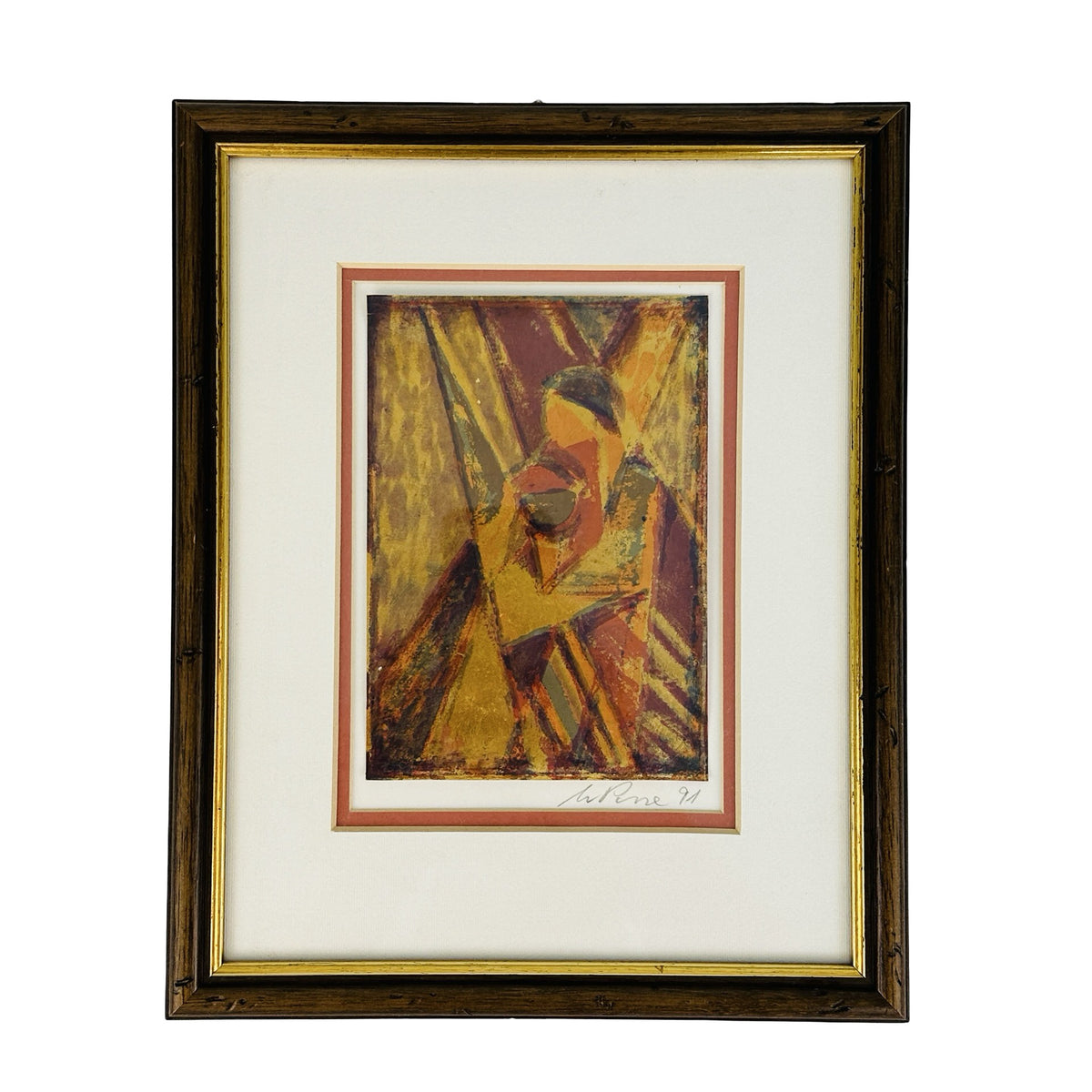 Wolfgang Posse Silberätzung mit abstrakter Figur in Gold- und Rottönen, gerahmt mit Passepartout, 1991