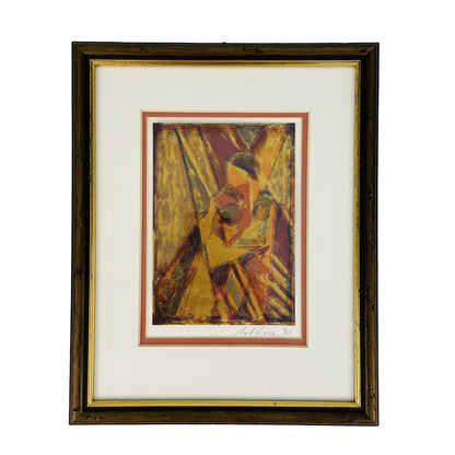 Wolfgang Posse Silberätzung mit abstrakter Figur in Gold- und Rottönen, gerahmt mit Passepartout, 1991