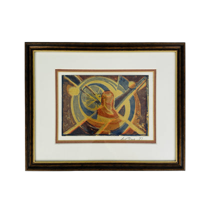 Wolfgang Posse Silberätzung mit verhüllter Figur in kosmischen Kreisbahnen in Gold und Blau, gerahmt mit Passepartout, 1993